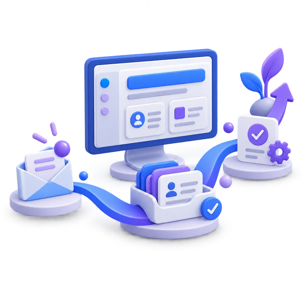 Concept illustration connecting a website inquiry, customer records and completed tasks